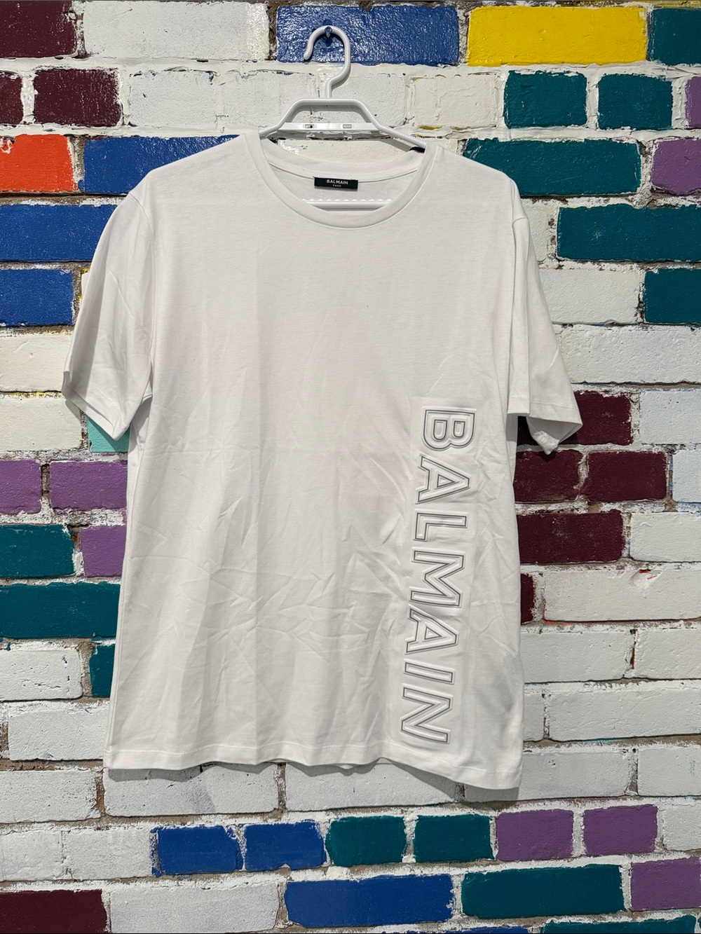 Balmain White Short-Sleeve Tee with Vertical Logo
